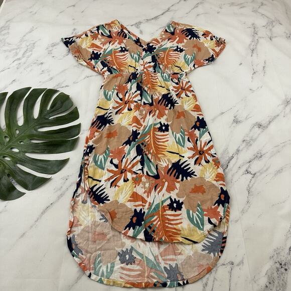 Roxy Womens Floral Midi Dress Size M Orange Blue Tropical Sheath Cover Up - Picture 1 of 9